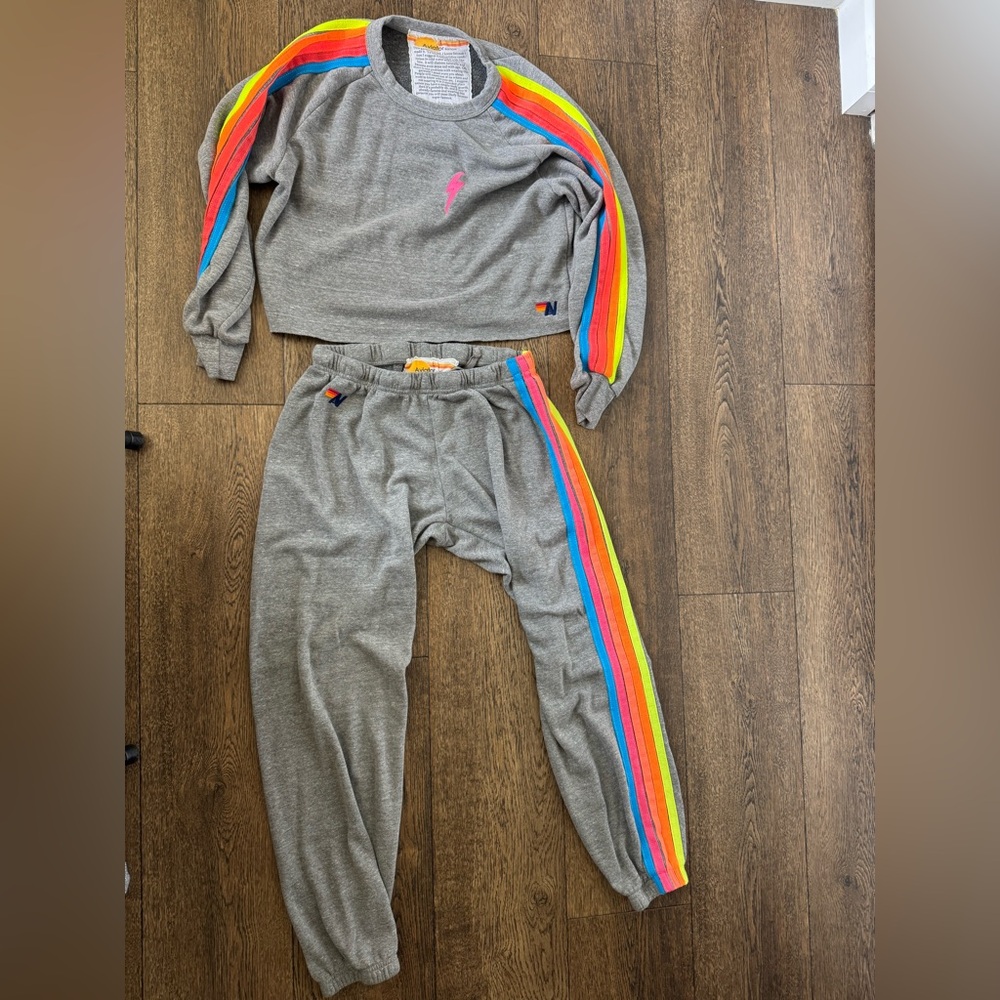 Aviator Nation Gray Sweat Set with Rainbow Stripes
